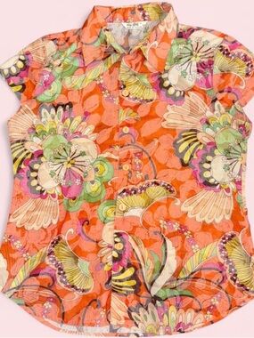 Vibrant Orange Floral Button-Front Blouse